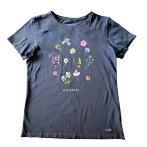 Life Is Good Womens Crusher-Lite T-Shirt Floral Print Medium Navy Blue